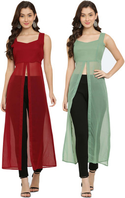 VESICLE Women Solid Frontslit Kurta(Maroon, Light Green)