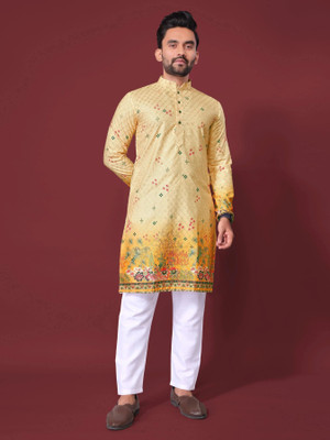 CRYSTALREVENUE Men Printed Straight Kurta(Yellow)
