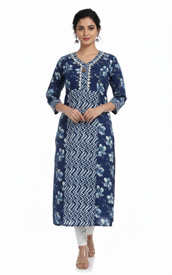 CRAFTIQUE Women Floral Print, Geometric Print A-line Kurta(Dark Blue)