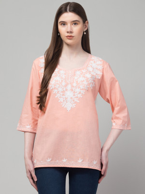 CROWN KING GARMENTS Women Embroidered Straight Kurta(Beige, White)