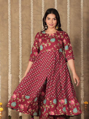 Aramya Women Floral Print Anarkali Kurta(Maroon)