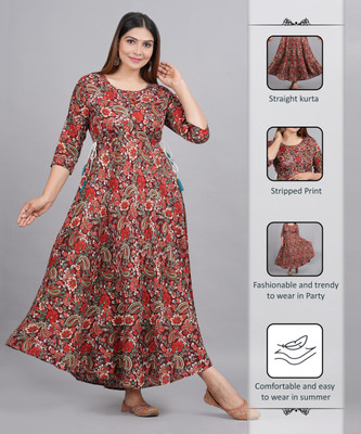 METAFAB Women Printed Flared Kurta(Maroon)