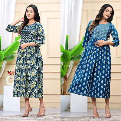 Kadri Women Printed Straight Kurta(Blue)