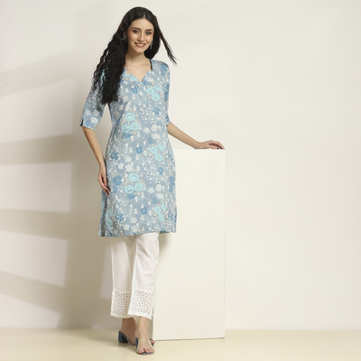 RANGRITI Women Floral Print Straight Kurta(Blue)