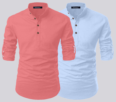 FOLGEN Men Solid Flared Kurta(Pink, Blue)