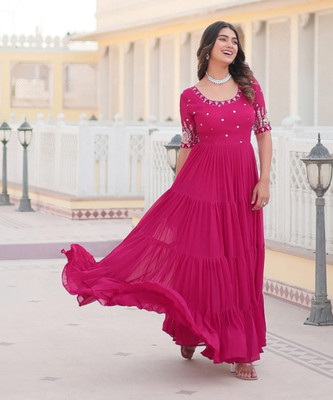 FOXDX Women Self Design Gown Kurta(Pink)