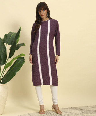 KILVESTED Women Striped Straight Kurta(Purple)