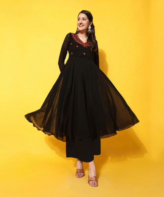 Poshak Hub Women Embroidered Anarkali Kurta(Black)