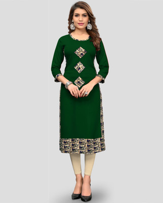 VBUYZ Women Printed Straight Kurta(Green)