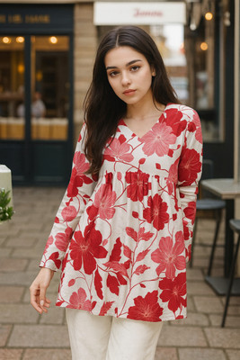 CLANGER Women Floral Print Flared Kurta(Red, White)