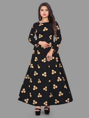 HouseOfCommon Women Printed Anarkali Kurta(Black, Beige)