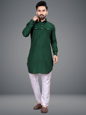 ETHNICSUTRA Men Self Design Pathani Kurta(Green)