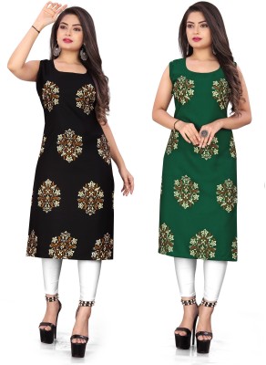 tanvi creation Women Floral Print Straight Kurta(Black, Green)