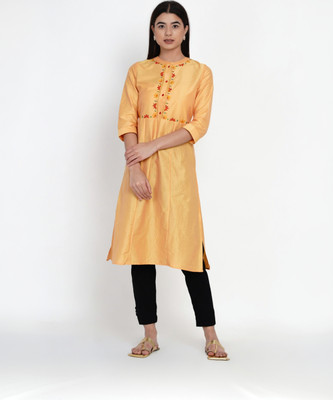 9 impression Women Embroidered Straight Kurta(Yellow)