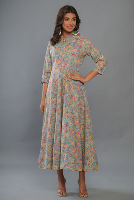 RUNICHA Women Printed Anarkali Kurta(Grey)
