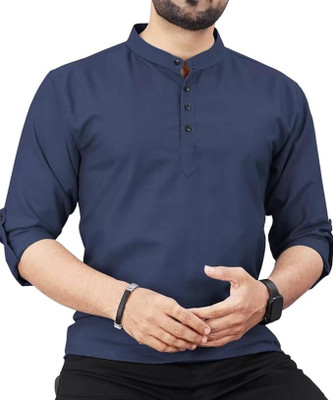 Apektra Men Solid Straight Kurta(Dark Blue)