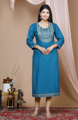 oceanabode Women Embroidered A-line Kurta(Blue)