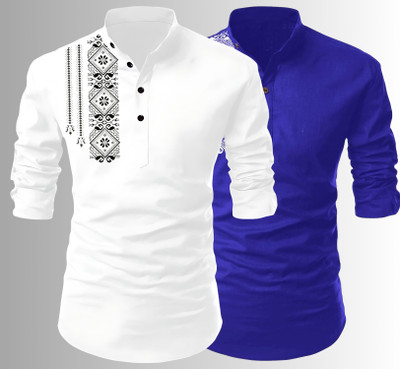Kavyangle Creation Men Printed Straight Kurta(White, Dark Blue)