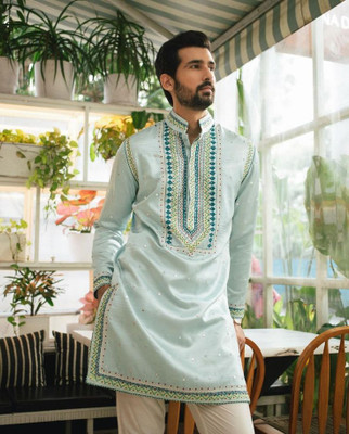 Triom Men Chikan Embroidery A-line Kurta(Blue)