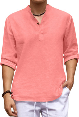 ZOMBOM Men Solid Straight Kurta(Pink)