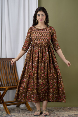 VASTRAM Women Printed A-line Kurta(Brown)