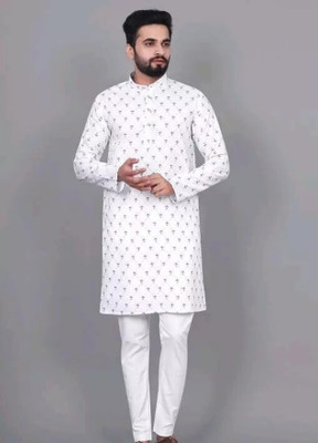 MENTIFIC Men Printed Straight Kurta(White)