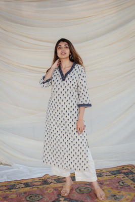 Rahgir Women Floral Print Straight Kurta(White)