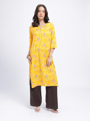 Anouk Rustic Women Floral Print Straight Kurta(Yellow)