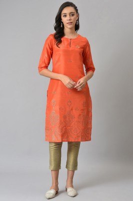 W Women Printed Straight Kurta(Orange)