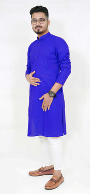 Rainbow Cloths Men Solid Straight Kurta(Blue)