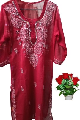 Ns Fashion Women Chikan Embroidery Straight Kurta(Red)