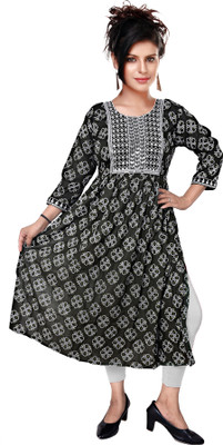 R KANISHKA Women Block Print Ethnic Dress Kurta(Dark Green)