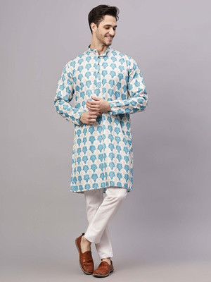 FireFish Men Self Design A-line Kurta(Light Blue)