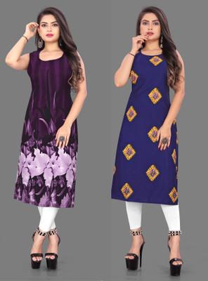 tanvi creation Women Floral Print Straight Kurta(Purple, Blue)