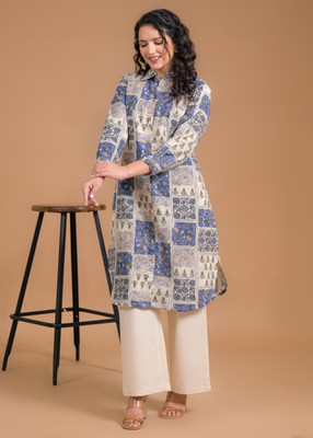 SAANWRI Women Floral Print A-line Kurta(Blue)