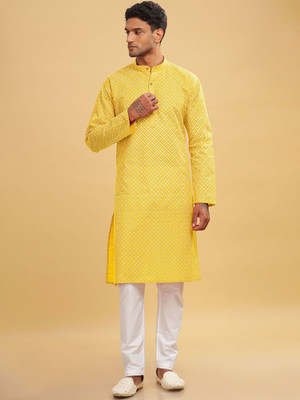 ANOUK Men Abstract Straight Kurta(Yellow)