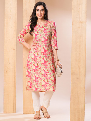 Globus Women Printed Straight Kurta(Pink)