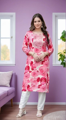 Om Sundaraaya Women Floral Print Straight Kurta(Pink, Red)