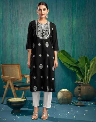 Skylee Women Chikan Embroidery, Embellished, Dyed/Ombre, Self Design Straight Kurta(Black, White)