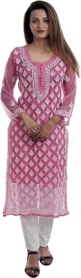 Lucknowi Chikankari Women Chikan Embroidery A-line Kurta(Pink)