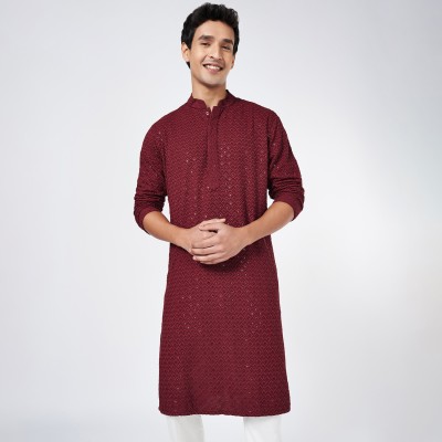 Indus Route by Pantaloons Men Solid A-line Kurta(Red)