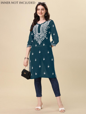 FabFairy Women Chikan Embroidery A-line Kurta(Purple)