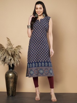 VBUYZ Women Printed Straight Kurta(Dark Blue)