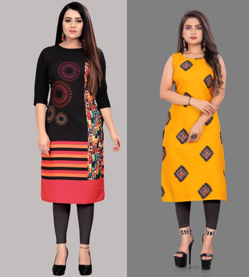 Modli 20 Fashion Women Printed Straight Kurta(Black, Yellow)
