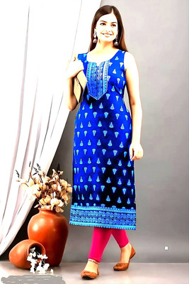 dkm creations Women Printed Straight Kurta(Blue)