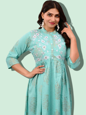 Khwaish Women Printed Anarkali Kurta(Blue)