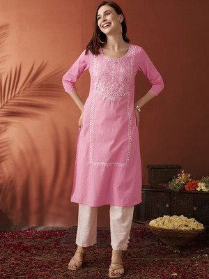 ANOUK Women Embroidered A-line Kurta(Pink)