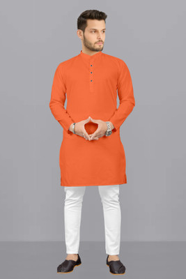 FREYA CREATION Men Solid Straight Kurta(Orange)