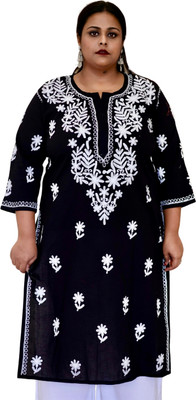 myplusfashion Women Chikan Embroidery Straight Kurta(Black)