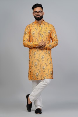 ELEPANTS Men Floral Print Straight Kurta(Yellow)